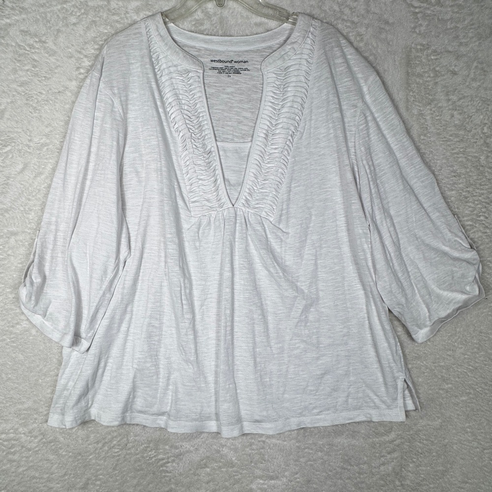 Westbound Woman Top Womens 2X White Coastal Grandma Ruffle V-Neck Cotton Slub